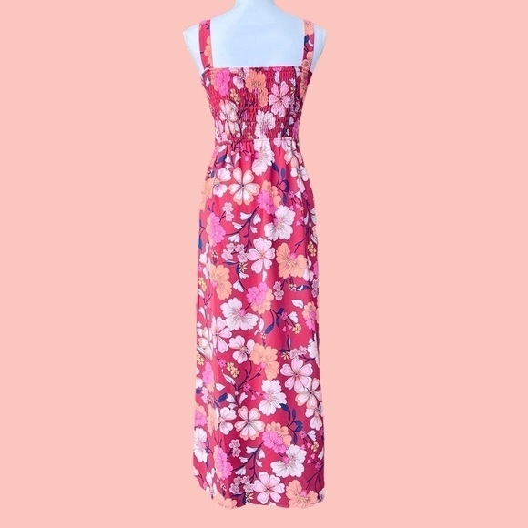 🎁 MONTEAU LA Pink & Red Floral Smocked Maxi Dress Sleeveless Size XS - Picture 4 of 11